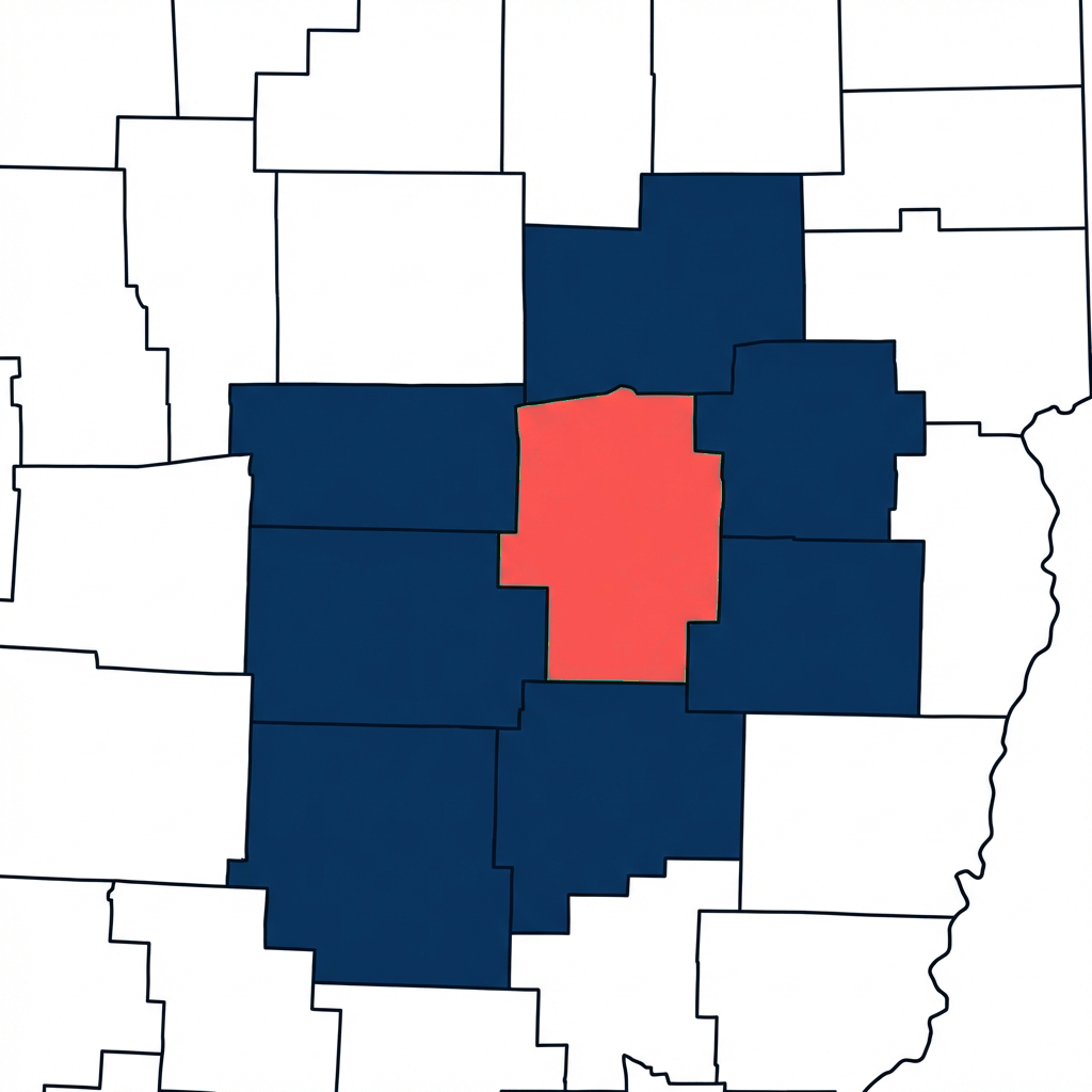 Map of Ohio highlighting Tuscarawas and surrounding counties